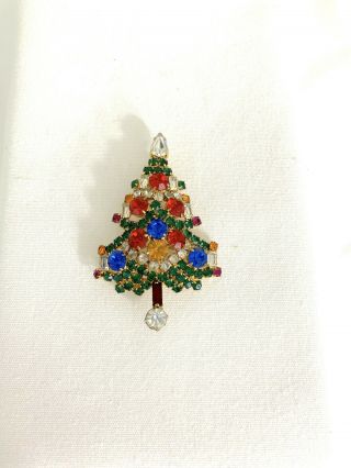 Vintage Joseph Warner Multi Color Rhinestone Christmas Tree Pin Sparkle Plenty