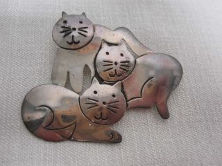 Vintage Mexico 925 Sterling Silver Trio Of Cats Pin Brooch
