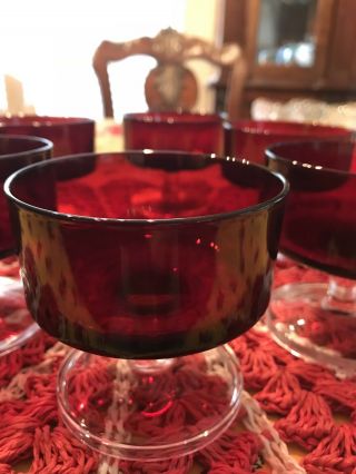 Vintage Ruby Red Occasion Dessert Ice Cream Dishes W/clear Stem (6)