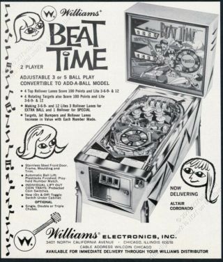 1967 Williams Beat Time Pinball Machine Photo Vintage Trade Print Ad