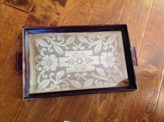 Wood Glass Serving Tray; Dark Wood With Handmade Vintage Doily
