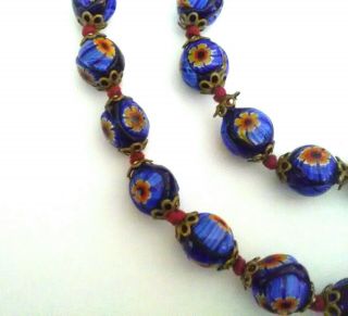 Vintage Bohemian Czech Art Glass Necklace Blue Cane Millefiori Stunning.  263