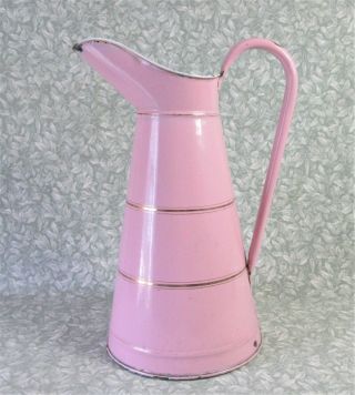 Vintage French Large Pink Enamel Water Pitcher Watertight Jug
