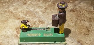 Vintage Cast Iron Mechanical Spring Loaded Monkey Coin Bank