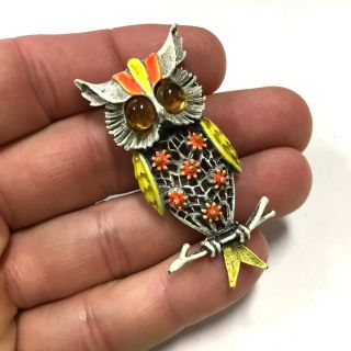 Lovely Vtg Art Arthur Pepper Orange & Yellow Enamel Flower Owl Bird Brooch Ee10k
