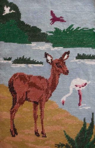 Vintage Completed Cotton Needlepoint Tapestry - A Deer And A Flamingo 16 " X10.  5 "