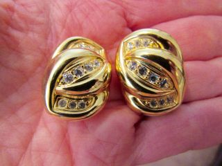 Vintage Signed Nolan Miller Yellow Gold & Rhinestone Clip Earrings - Euc