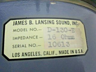 JBL James B Lansing Electrodynamic 15 Inch Speaker Model D - 130 - E Specs In Photo 4