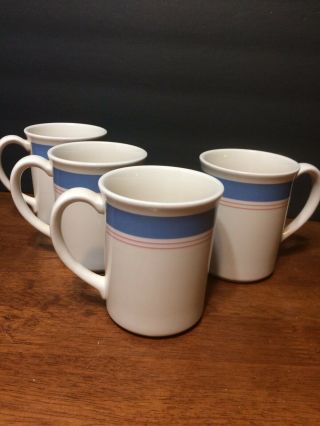 Set Of 4 Vintage Corelle Corning Colonial Blue Pink Blue Bands Coffee Cup/ Mugs