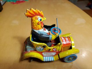 Vtg Yonezawa Of Japan Tin Litho Friction Happy Chick Funny Car,  1957