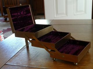 Vintage Gold Jewelry Case Burgundy Velvet Lined Box 3 Tiered Hinge Storage Metal