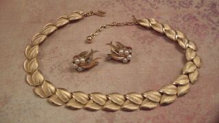 Trifari Vintage Segment Necklace,  Gold Toned Leaves,  Gold Pearl Clip Earrings