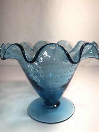 Vintage Art Glass Vase Compote Blue Hand Blown Ruffled Edge Controlled Bubbles