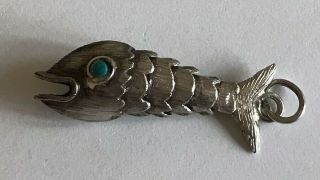 Vintage Silver Charm Large Articulated Fish With Turquoise Coloured Eyes.