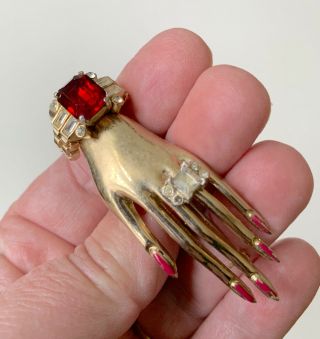 Vtg Coro Ruby Red Rhinestone Hand With Jewels Brooch Pin