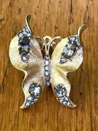 Single Vintage Trifari Crown Gold Tone Rhinestone Butterfly Clip On Earring