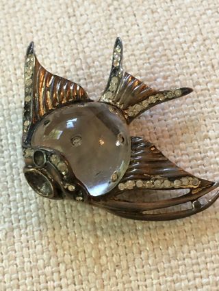VINTAGE STERLING SILVER RHINESTONE LUCITE JELLY BELLY TROPICAL FISH BROOCH CORO 2