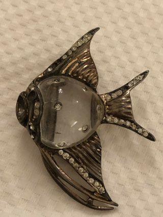 VINTAGE STERLING SILVER RHINESTONE LUCITE JELLY BELLY TROPICAL FISH BROOCH CORO 4