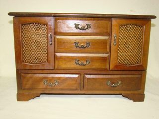 Vintage Wood Jewelry Box Armoire Chest Metal Mesh Doors Large