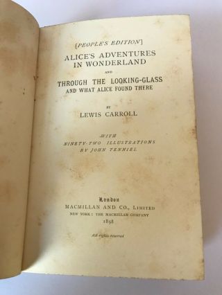ALICE IN WONDERLAND Carroll,  Looking Glass 1 VOL PEOPLE ' S EDITION 1898 FINE 8
