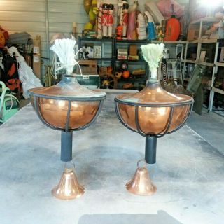 (2) Vintage Copper Tiki Torch Light Lamp With Metal Frame Rustic Art Deco Party