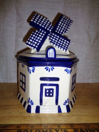 Vintage Delft Ceramic Windmill Cookie Jar - 5 Sided Blue On White - Holland