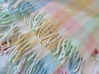 Vintage Tennessee Woolen Mills Baby Blanket Pastel Plaid Fringe Acrylic Unisex