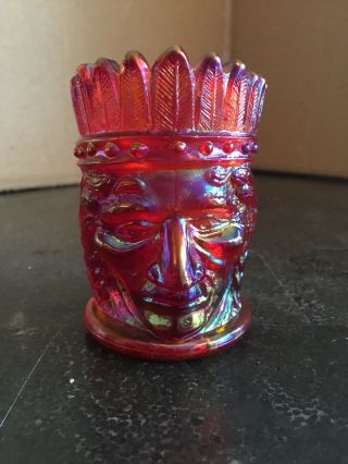 Red St.  Clair Carnival Glass Toothpick Holder Indian Head Chief 1969 Vintage Ojo