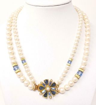 Vintage 1928 Gold Tone Double Strand Faux Pearl Blue Rhinestone Flower Necklace