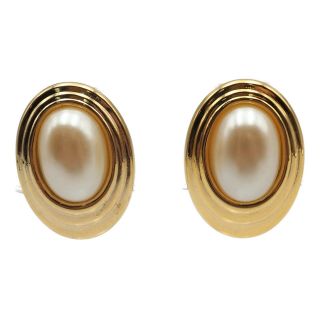 Vintage Estate Gold Tone Clip On Earrings With Oval Faux Pearl Center Stone