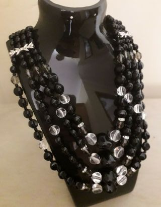 Art Deco Vintage Black Glass And Clear Crystal Long Multi Strand Necklace