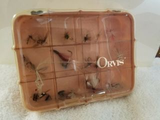 Vintage Pink Orvis Plastic Fly Box With 12 Compartments And 28 Trout Flies