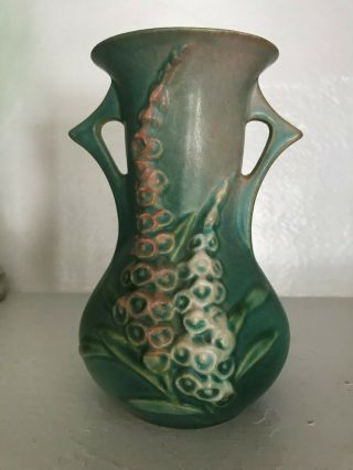 Vintage 1940s Roseville Art Pottery 43 - 6 " Foxglove 2 Handled Vase Teal Perfect