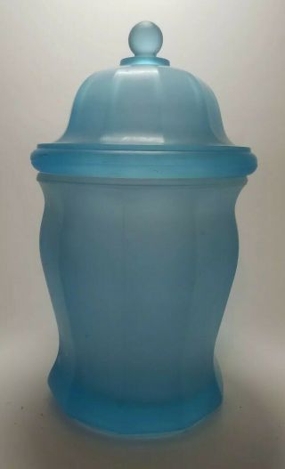Vintage Frosted Blue Satin Glass Large Biscuit Jar Candy Dish With Domed Lid