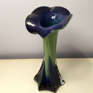 Vintage Cased Art Glass Cobalt Blue And Green Jack In The Pulpit Calla Lily Vase