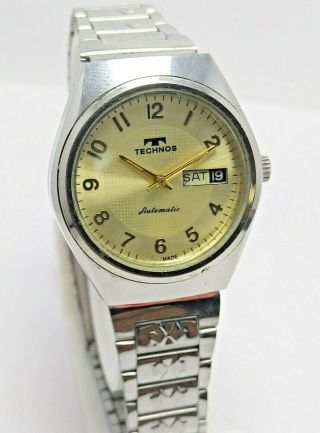 Vintage Technos Golden Dial Automatic 17j Wrist Watch Men 