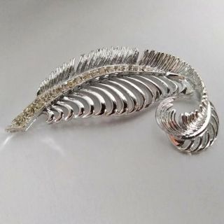 Vintage Silver Tone Art Deco Clear Pave Rhinestone Feather Plume Pin Brooch