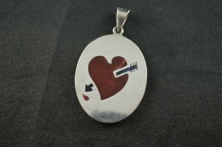 Vintage Sterling Silver Oval Pendant W Red Heart Inlay - 13g