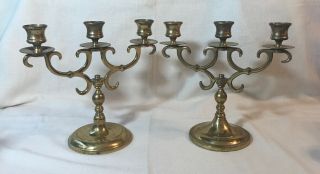 Two Vintage Solid Brass Metal 3 Arm Candelabra Candlestick Holders 8.  5” Tall