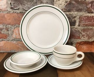 Vintage Restaurant Ware 5 Piece Set Buffalo China Green Stripe Plate Cup Bowl