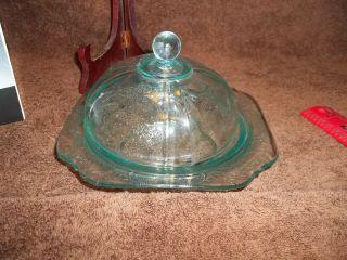 Vintage Federal Green Depression Glass Madrid Covered Dome Butter Or Cheese Dish