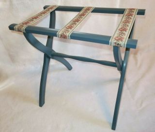 Vtg Scheibe Folding Wood Luggage Stand Suitcase Rack Tapestry Straps Blue Shabby