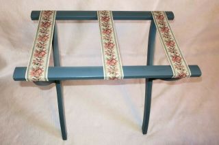 Vtg SCHEIBE Folding Wood Luggage Stand Suitcase Rack Tapestry Straps Blue Shabby 2
