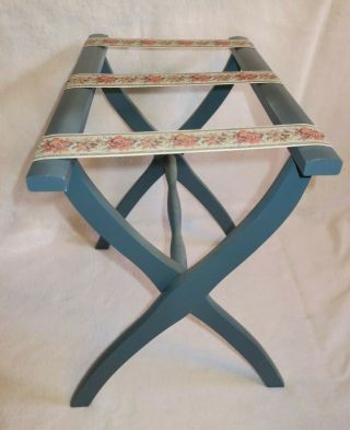 Vtg SCHEIBE Folding Wood Luggage Stand Suitcase Rack Tapestry Straps Blue Shabby 3