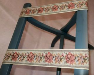 Vtg SCHEIBE Folding Wood Luggage Stand Suitcase Rack Tapestry Straps Blue Shabby 4