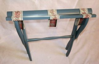 Vtg SCHEIBE Folding Wood Luggage Stand Suitcase Rack Tapestry Straps Blue Shabby 5