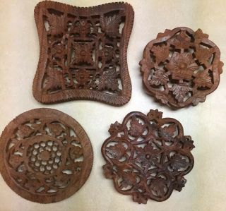 3 Vintage Hand Carved Floral Wood Made In India Trivets,  1 More