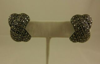 Vintage Sterling Silver Marcasite Stone Clip - On Earrings