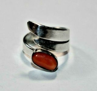 Vintage Navajo Juan Willie Sterling Silver Coral Gemstone Bypass Band Ring Sz - 5