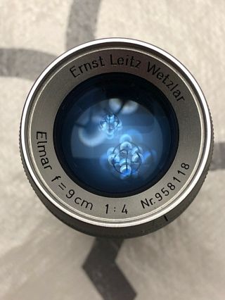 Silver Leica Ernst Leitz Wetzlar Elmar F=9cm 1:4 Nr.  958118 W/ Case